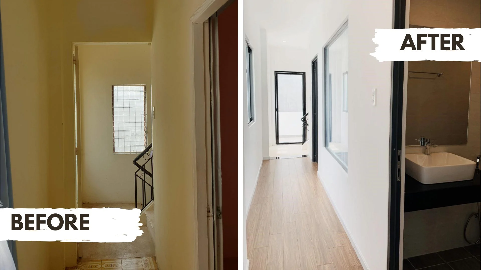 Hình ảnh trước và sau khi cải tạo hành lang và nhà vệ sinh, biến lối đi tối thành không gian sáng sủa và tinh tế