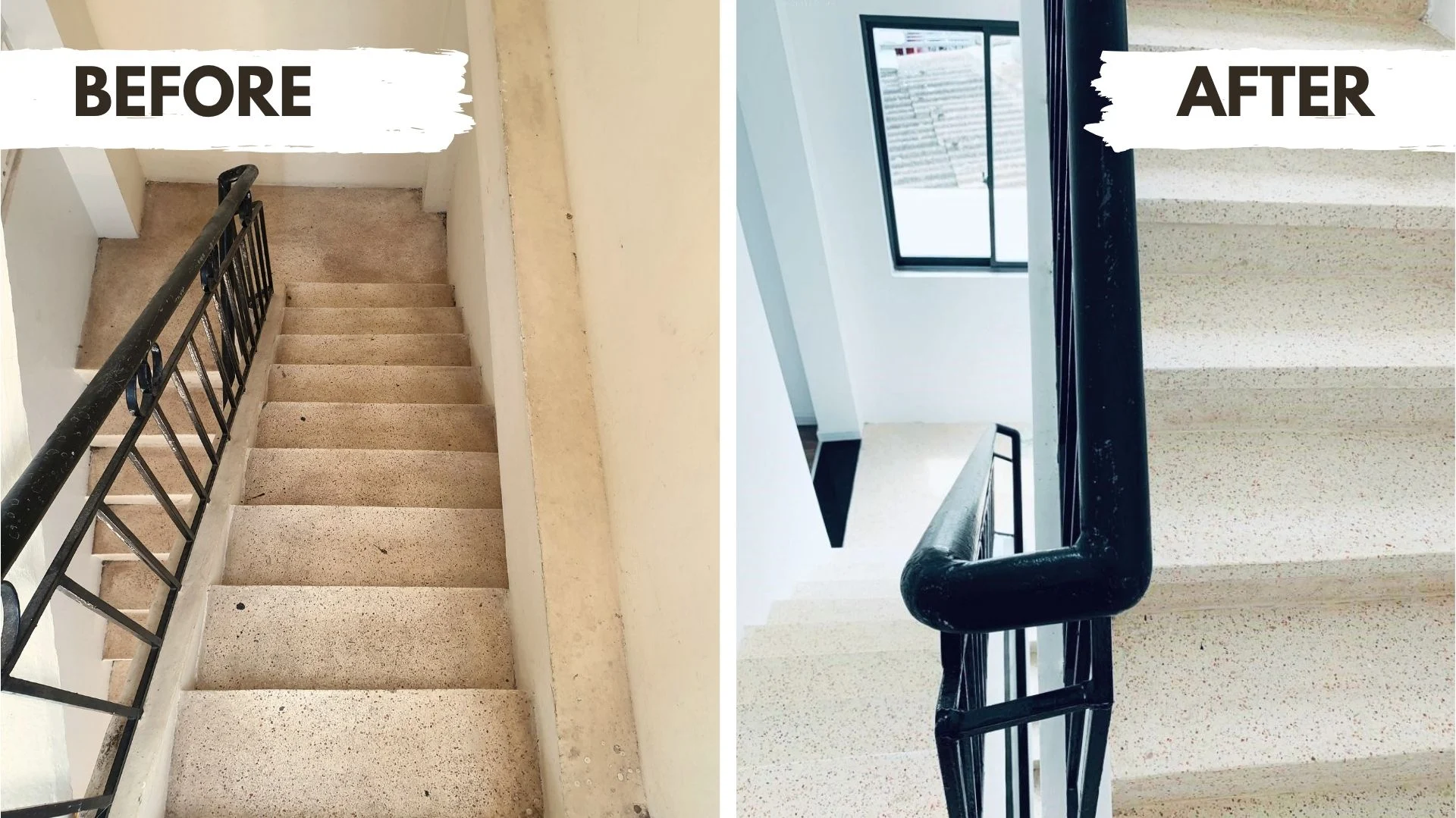 Hình ảnh trước và sau khi cải tạo cầu thang terrazzo, biến khu vực cầu thang cũ kĩ thành không gian hiện đại và sáng sủa